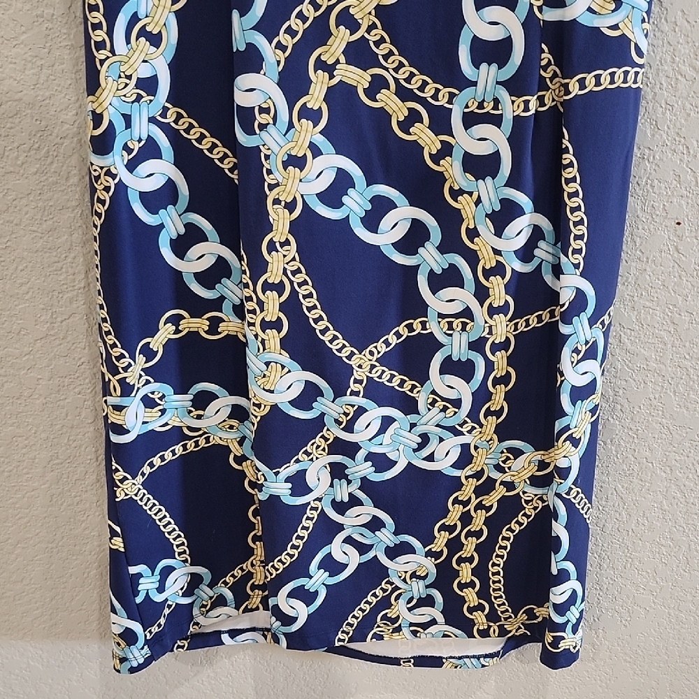 J. McLaughlin Sage Sleeveless Chain Print Midi Dress Navy Blue Gold Designer Lux - Picture 9 of 11